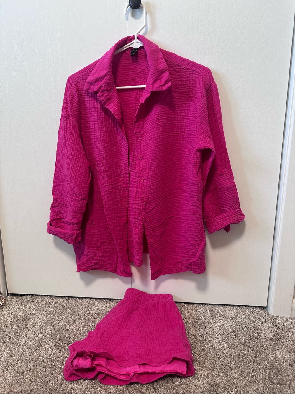 Women's Two-Piece Textured Button-Front Pajama Set in Magenta